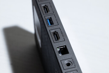 technology device with HDMI USB Audio connectors on white background