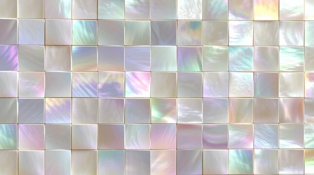 Iridescent mother-of-pearl mosaic tiles arranged in a seamless square grid. Subtle pastel reflections, pearly shimmer, luxury abstract background, elegant shell texture for design or video animation.