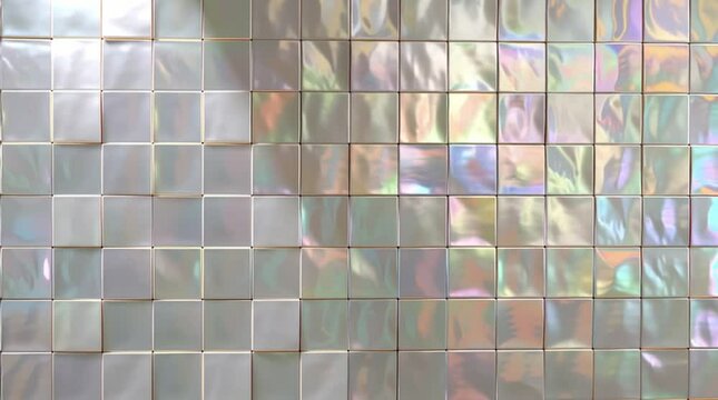 Iridescent mother-of-pearl mosaic tiles arranged in a seamless square grid. Subtle pastel reflections, pearly shimmer, luxury abstract background, elegant shell texture for design or video animation.
