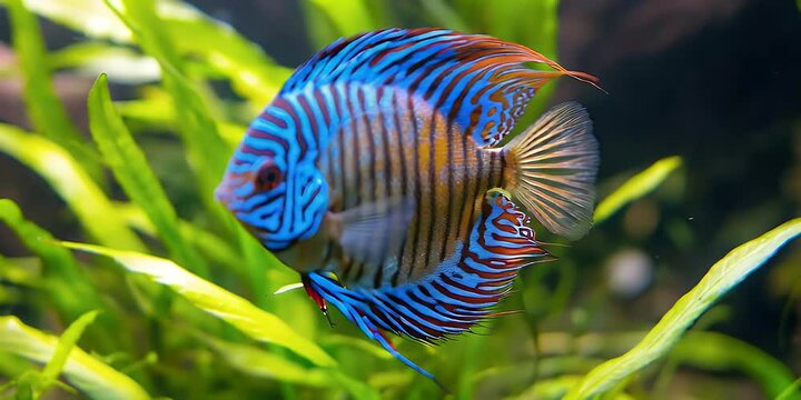 Vibrant fish showcasing striking blue and orange patterns swimming gracefully amidst lush green aquatic plants. Underwater environment with focused detail on the fish and blurred background.