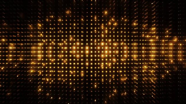 Vibrant golden LED wall with glowing square lights, creating a sparkling digital pattern. Perfect for party backgrounds, stage visuals, events, concerts, or modern luxury video effects.