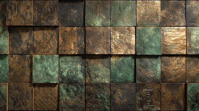 Aged bronze and oxidized copper tiles arranged in a square grid pattern. Weathered metallic surface with green patina and brown tones, rustic luxury background, textured for design or animation.