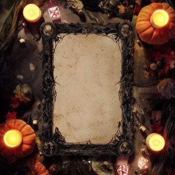 Gothic RPG Character Sheet Frame with Skulls, Dice, and Halloween Decor