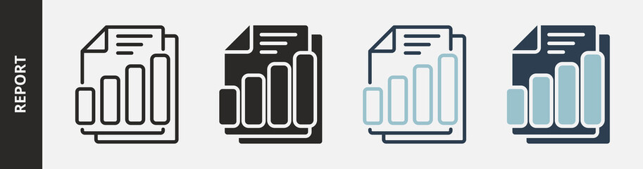 Report Icon Set Multiple Style Collection. Contains Outline, Glyph, Outline Blue and Glyph Blue Style Icons