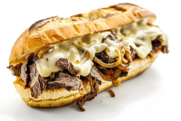 A delicious Philly cheesesteak sandwich on a white background