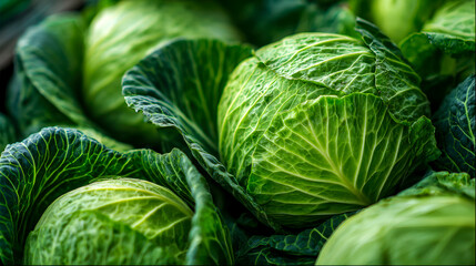 Fototapeta premium Fresh green cabbages showcasing vibrant leaves and intricate textures