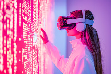 Woman engaging with digital data using virtual reality headset in a high-tech environment
