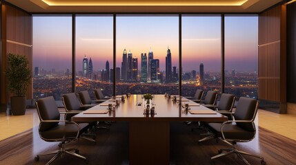 Elegant boardroom setup with minimal decor, structured seating arrangement, and a spectacular backdrop of the city skyline