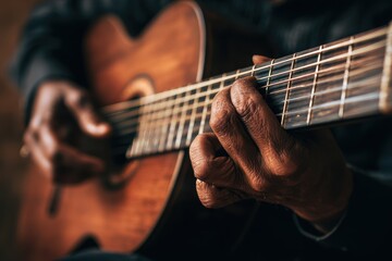 Guitar musician music sound Fingers on strings Acoustic concert close up Chord playing Jazz rock wood performance Fretboard
