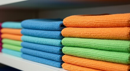 Colorful microfiber cleaning cloths stacked neatly on a white shelf