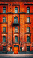 Obraz premium Historic red brick building with vibrant orange door and classic windows