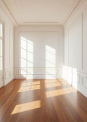 Fototapeta premium Elegant empty room sunlit interior wooden floor classic wall molding minimalist style bright space shadow play refined elegance concept Empty room interior design Ultra realistic Photorealis