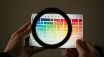 Hands holding a color chart, viewed through a magnifying glass