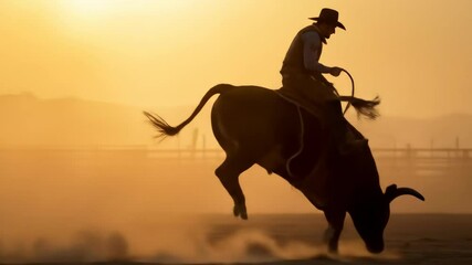 Cowboy Bull Riding Silhouette at Sunset