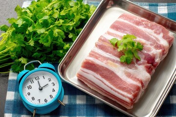 Uncooked pork belly on a metal tray with coriander and a small blue timer for cooking Fresh meat