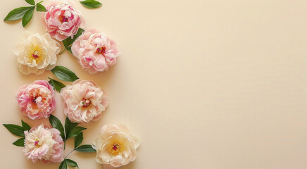 Beautiful natural pink peonies on a pastel beige background