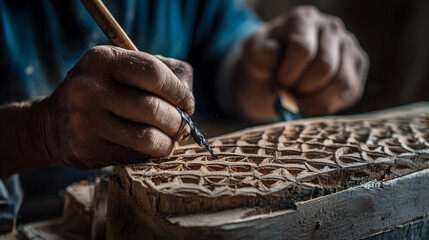 Craftsman shaping wood with carving tool. Man carver creating decorative details on block. Traditional woodworking and handicraft concept.