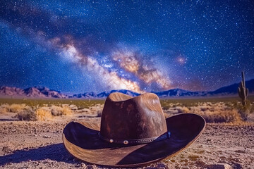 Stunning night sky over desert with cowboy hat and distant mountains