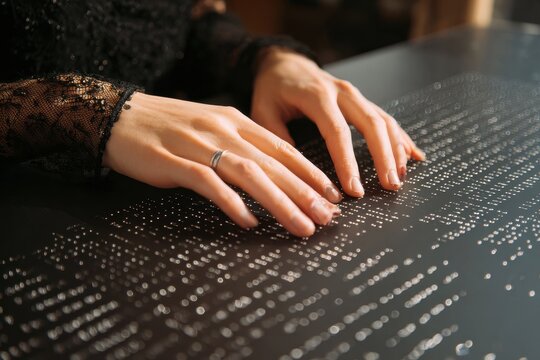 Visually impaired woman interprets Braille on a sign She uses her hands on a Braille display Wellness and social integration