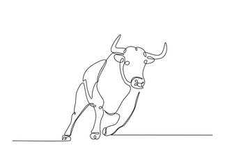 Wild bull in single outline illustration. Continuous line art drawing of bison, bull, buffalo.