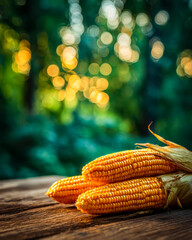 Fresh corn on a rustic wooden table with a vibrant, bokeh forest background
