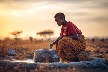 African woman drawing water from a well in the village, wearing vibrant loincloth, golden hour lighting, East Africa.