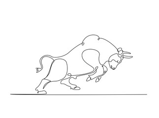 Wild bull in single outline illustration. Continuous line art drawing of bison, bull, buffalo.