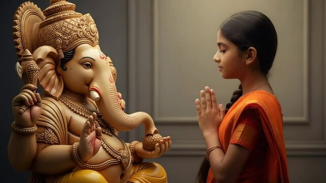 Young girl prays with folded hands in front of Ganesh statue, showcasing deep devotion and spirituality