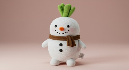 Fototapeta premium Cute, cartoonish snowman toy. Fluffy, white body, small carrot nose, light-green topknot, brown scarf, dark eyes, pale pink background. 3D rendering