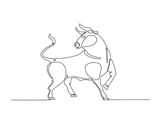 Wild bull in single outline illustration. Continuous line art drawing of bison, bull, buffalo.
