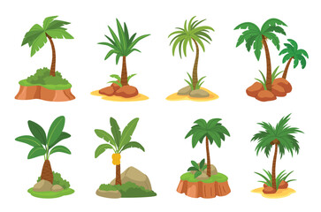 Cartoon palm trees. Tropical cartoon palm and banana trees with grass, rocks, and sand islands. Exotic summer landscape elements for vacation, travel, nature scenes. Flat colorful vector set