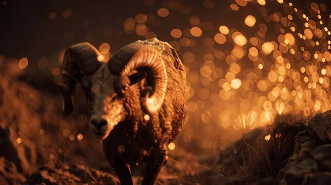 Dynamic ram charging through a fiery landscape with cinematic lighting highlighting its powerful stance and vibrant surroundings