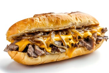 Traditional Philly cheesesteak sandwich isolated on a white background