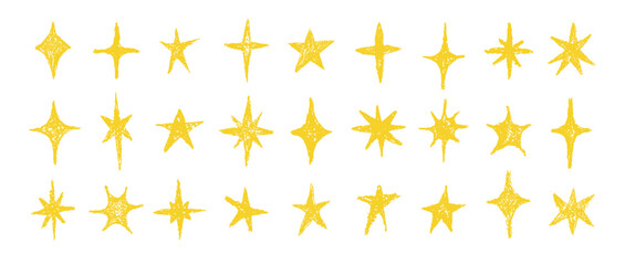 Chalk stars. Hand drawn yellow grunge crayon Christmas star set with textured rough edges. Cosmic dreamy highlighter sparkles and sketch celestial elements. Kids doodle, charcoal scribbles vector