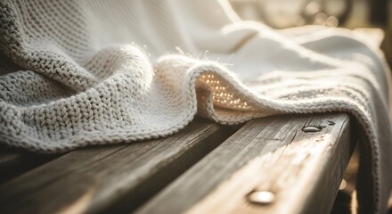 Fototapeta premium Soft ivory knit blanket rests on a weathered wooden bench, illuminated by warm sunlight in a cozy and serene outdoor scene.