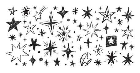 Doodle chalk stars. Hand drawn black sketch stars, sparkles, shining bursts with grunge charcoal texture. Pencil comets and meteors. Childlike messy ink doodles. Isolated vector set