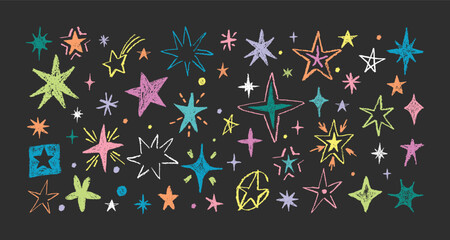 Crayon stars. Colorful pencil hand drawn sparkles, bursts with chalk crayon texture on dark background. Comet, meteor cosmic icons. Kids scribble, Christmas doodle decoration. Vector isolated set