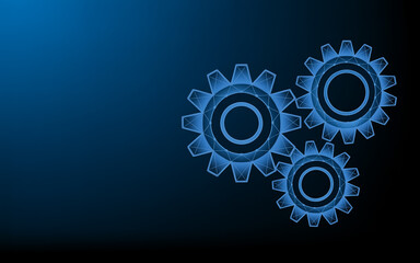 A digital illustration of three interconnected blue-glowing mechanical gears on a deep blue gradient background.