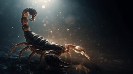 Glowing scorpion tail casts eerie shadows in a moody and mysterious atmospheric setting