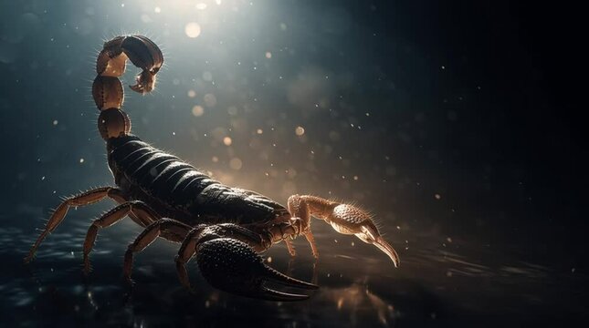 Glowing scorpion tail casts eerie shadows in a moody and mysterious atmospheric setting