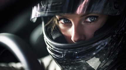 Dramatic portrait of a female speed enthusiast clad in a stylish racing helmet seated in a modern sports car. The composition emphasizes her strong gaze and the sophisticated interior
