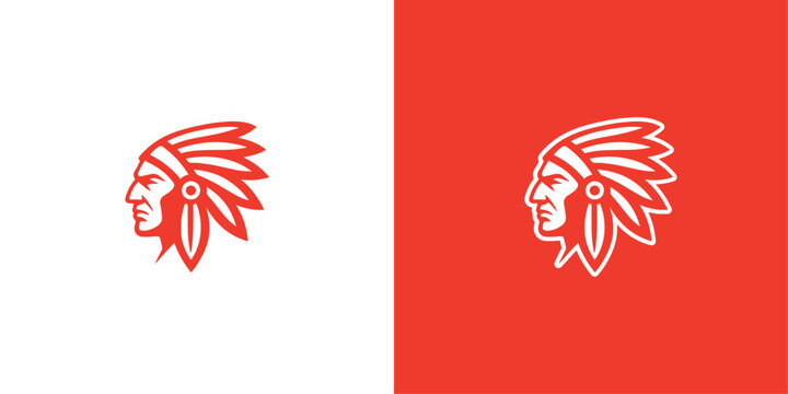 Native American tribal face silhouette vector logo with feather headdress, generative ai