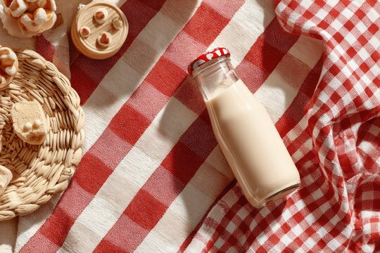 A milk bottle sits atop a red and white checkered picnic blanket, surrounded by treats in a woven basket
