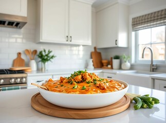 Appetizing Cuisine: A delightful culinary creation, presented in a pristine kitchen setting. A delectable dish is artfully arranged, promising a satisfying dining experience.