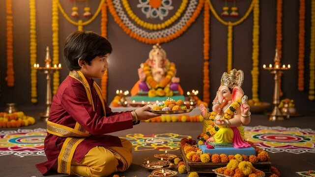 Young boy in traditional clothing offers sweets to Ganesh idol during festive puja with vibrant decorations in the background