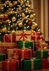 A large pile of beautifully wrapped Christmas presents in festive red, green, and gold, stacked under a glowing Christmas tree.
