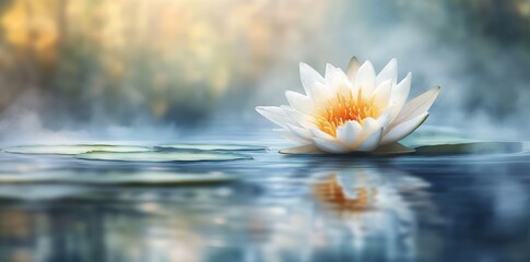 A peaceful pond is adorned with a single white lotus blossom floating quietly