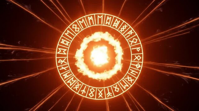 Fiery circular rune symbol glowing intensely. Radiates energy. Suitable for mystical, esoteric, magical, and fantasythemed designs and concepts.