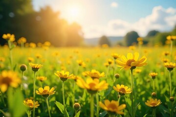 Fototapeta premium Golden Wildflowers Swaying Gently in a Sun-Drenched Meadow A Tranquil Summer Scene of Natural Beauty, Perfect for Idyllic Backgrounds and Peaceful Imagery
