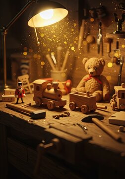Magical scene from Santa's workshop showing a workbench with handmade wooden toys, tools, and glowing dust under a warm lamp.